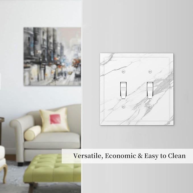 Decorative Switch Plates Modern White Gray Marble 2 Gang Double Toggle Outlet Light Switch Cover Wall Plate Electrical Faceplate for living Room Bathroom Decor