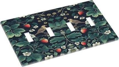 Light Switch Covers Strawberry Birds Flowers Plant Morris Floral Quad Toggle Electrical Faceplate 4 Gang Wall Plate Decorative Switch Plates for Bedroom Farmhouse Decor