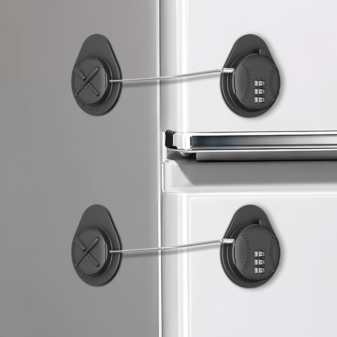 2 Pack Latest Baseball Style Child Safety Refrigerator Lock with 3 Digit Combination Code; Baby Proofing Cabinet Latches for Fridge, Closet, Drawer & Freezer (Black)
