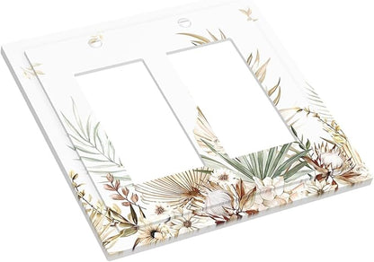 Decorative Outlet Covers Boho Leaves Watercolor Tan Leaf Floral Plant 2 Gang Double GFCI Rocker Electrical Wall Panels Light Switch Cover Plate for Bedroom Home Decor