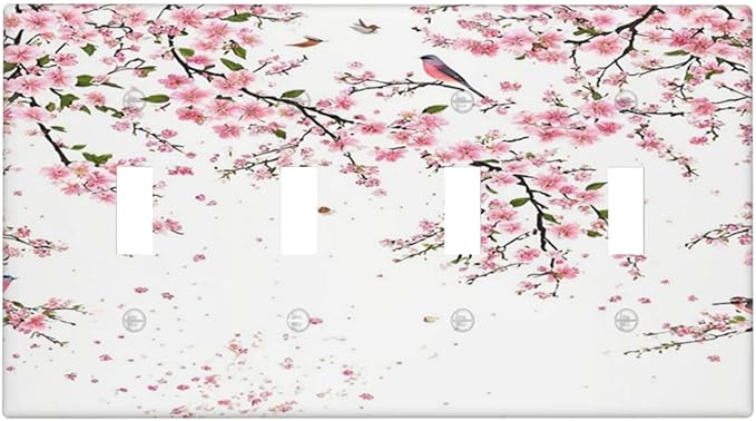 Decorative Light Switch Plate Covers Rustic Plum Blossom Pink Flowers 4 Gang Light Switch Cover Quad Toggle Wall Plate Outlet Covers for Country Home Bedroom Decor