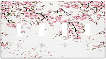 Decorative Light Switch Plate Covers Rustic Plum Blossom Pink Flowers 4 Gang Light Switch Cover Quad Toggle Wall Plate Outlet Covers for Country Home Bedroom Decor