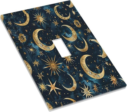 Decorative Light Switch Cover Modern Abstract Sky Blue Gold Moon Sun Star 1 Gang Single Toggle Device Electrical Faceplate Switchplates Decorator Outlet Wall Plate for Bedroom Kids room Decor