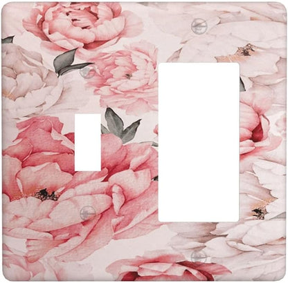 Decorative Outlet Covers Ink Pink Peony Flower Rustic Floral 2 Gang Wall Plate Single Toggle 1 Rocker Light Switch Cover Switch Plate Covers Faceplate for Home Bedroom Decor