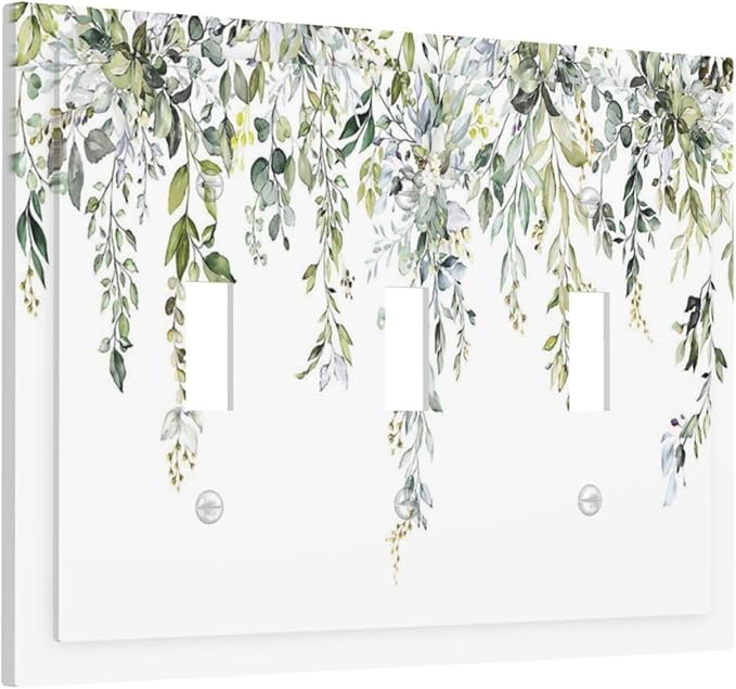 Decorative Switch Plates Boho Farmhouse Flower Leaf Sage Green 3 Gang Wall Plate Triple Toggle Light Switch Cover Faceplate Electrical Wall Panels for Bedroom Cabin Decor
