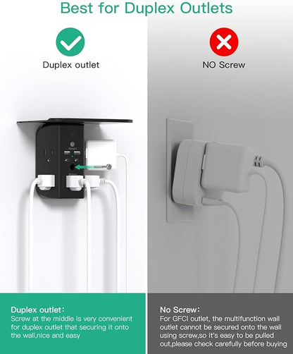 Wall Outlet Extender with Shelf and Night Light, Surge Protector, USB Wall Charger with 5 AC Outlets and 2 USB A Ports 2 USB C Ports Wide Space 3-Sided Power Strip Multi Plug Outlets, Black