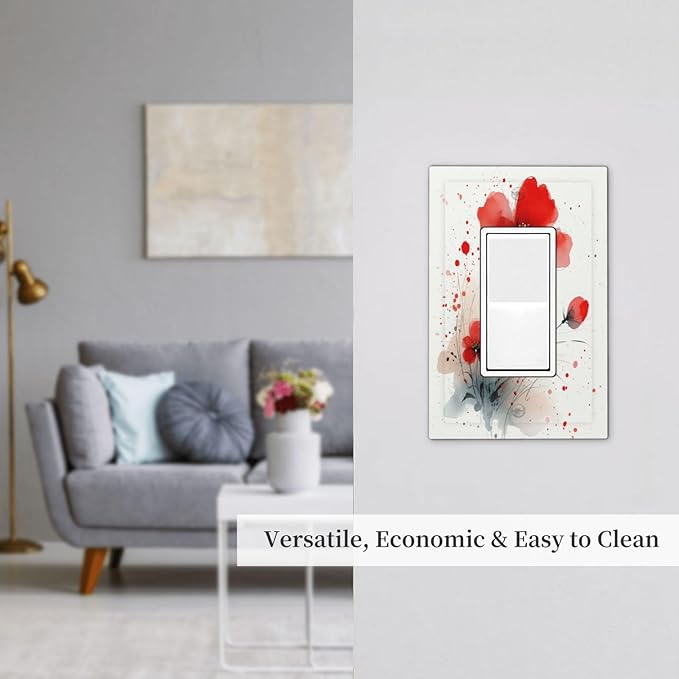 Vintage Watercolor Red Flowers Floral Decorative Outlet Covers 1 Gang Single Rocker Light Switch Cover Plate Wall Plates GFCI Faceplate for Bedroom Bathroom Decor