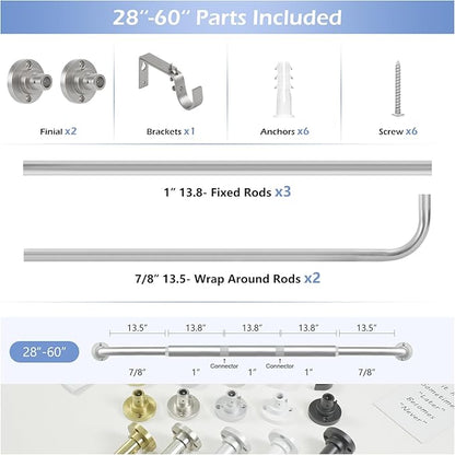 Nickel Wrap Around Curtain Rods 28 to 60 In:Blackout Heavy duty Adjustable Window Curtain Rod for Bedroom,Industrial Darkening Curved French Metal Single Drapery Rods Easy Install,Satin Nickel