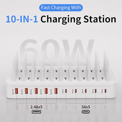 60W Charging Station for Multiple Devices, 10-Port USB Fast Charging Station with Adjustable Dividers - Device Organizer Charging Dock for iPhone, Android, iPad, Tablets & More
