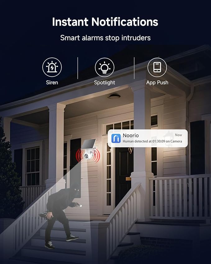 Noorio Solar Security Cameras Wireless Outdoor, 2K Pan/Tilt 360° View Solar/Battery Powered 2.4G WiFi Cameras for Home Security w/Color Night Vision, 2-Way Audio, SD/Cloud Storage