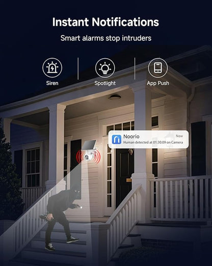 Noorio Solar Security Cameras Wireless Outdoor, 2K Pan/Tilt 360° View Solar/Battery Powered 2.4G WiFi Cameras for Home Security w/Color Night Vision, 2-Way Audio, SD/Cloud Storage