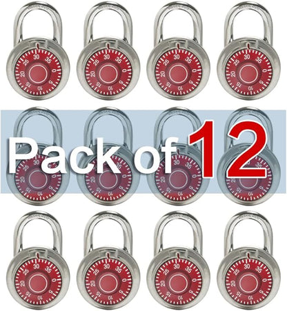 LanuBe Standard Dial Combination Lock, 2 inches. Wide, with Different Combinations, Red Turnplate, Pack of 12; Lock for School, Employee, Gym Sports Locker, Case, Toolbox