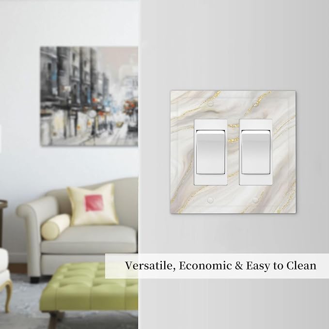 White Grey Gold Marble Simple Tiles Decorative Outlet Covers 2 Gang Double GFCI Rocker Electrical Wall Panels Light Switch Cover Plate for Bathroom Kitchen Decor
