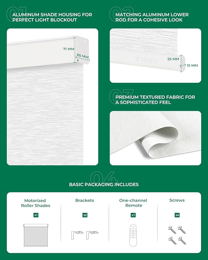 Allesin Motorized Roller Blinds – Rechargeable Smart Shades with Remote & Quiet Motor, Top/Bottom Aluminum Rails, Alexa-Compatible for Window (31" W x 72" H, 100% Blackout Cloud-Patterned)