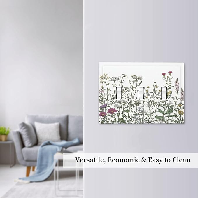 Vintage Herbs Wildflowers Plant Floral Decorative Switch Plates 3 Gang Wall Plate Triple Toggle Light Switch Cover Faceplate Electrical Wall Panels For Bed Room Home Decor