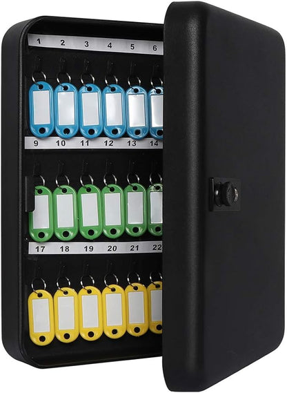 Jssmst Wall Mount Key Storage Box with Code, Locking Key Cabinet Security, 48 Key Hooks & Tags Labels, 11.81 x 9.45 x 2.95 inches, Black Matt