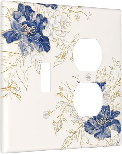 Decorative Outlet Covers Rustic Blue Flower Floral Gold Leaf 2 Gang Light Switch Cover Plate Single Toggle Duplex Wall Plates for Electrical Outlets Switch Plate Covers for Home Decor