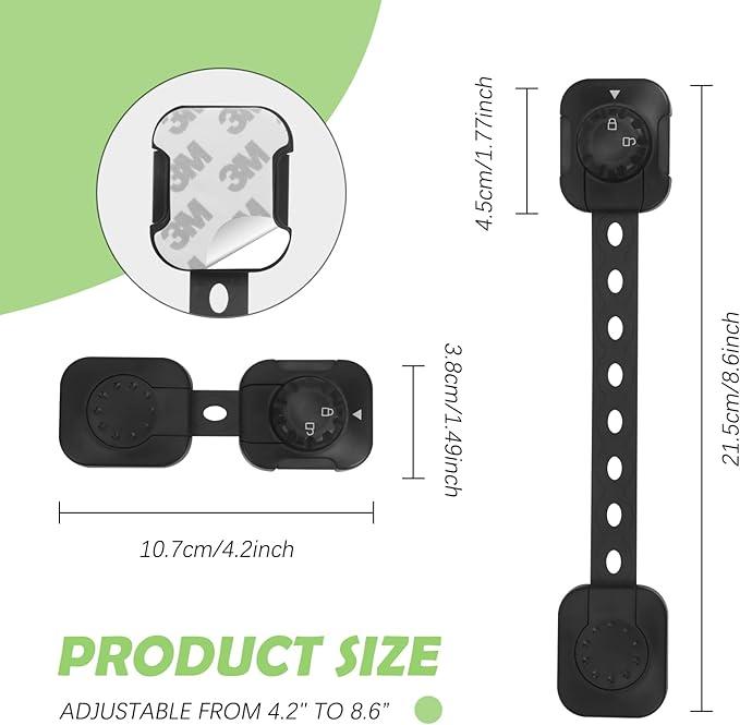 Songaa Child Safety Cabinets Strap Locks 2 Pack - Adjustable Baby Proofing Cabinet Latches for Drawers, Oven, Dishwasher, Fridge, Toilet Seat, Trash Can, with 3M Adhesive Pads - Black