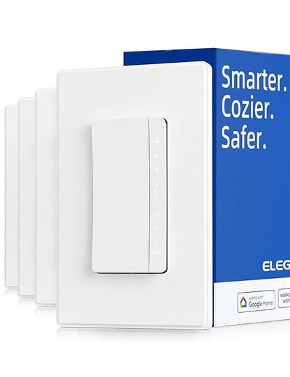 ELEGRP Single Pole Smart Dimmer Light Switch DPR10, 2.4GHz Wi-Fi Dimmer Switch Compatible with Alexa and Google Assistant, Needs Neutral Wire, No Hub Required, UL and FCC Listed, White, 4 Pack