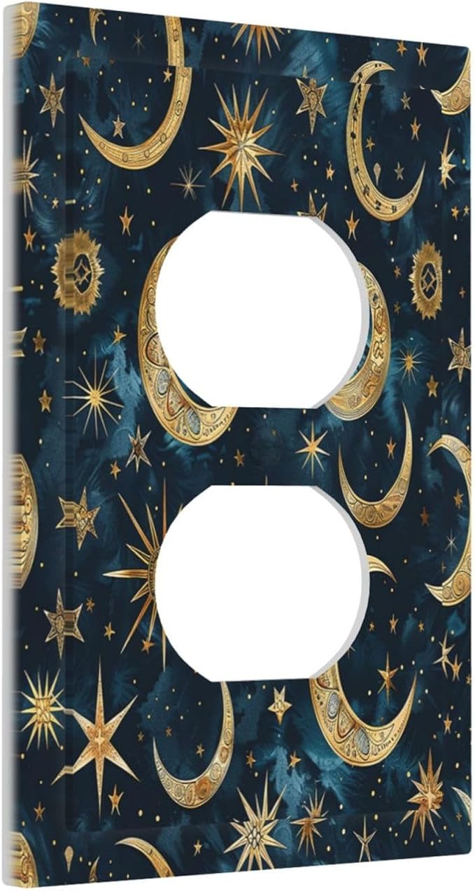 Outlet Covers Modern Abstract Sky Blue Gold Moon Sun Star 1 Gang Duplex Wall Plate Decorative Switch Plates Electrical Receptacle Faceplate Light Switch Cover for Bedroom Kids room Decor