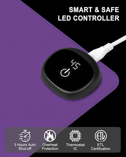 Heated Desk Pad, 23.6" x 14.2" Leather Non-Slip Warm Desk Pad, Large Mouse Mat with 3 Levels Heating & 3 Hours Auto Shut-Off, Hand and Foot Warmer for Office, Home, Purple