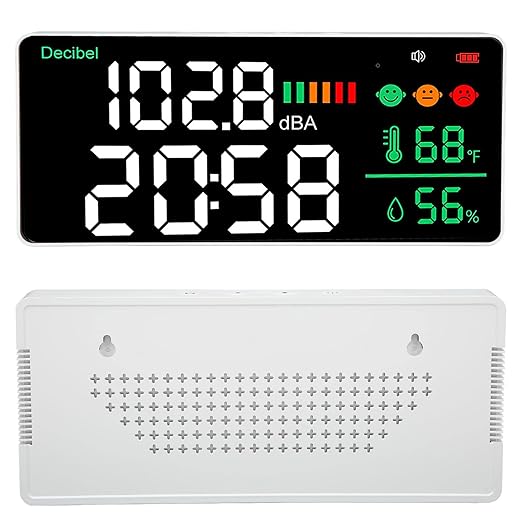 Decibel Meter 11 Inch LED Screen, Wall Mounted Sound Level Reader 30 to 130db, Time Temperature Humidity Display - Sensor, Adjustable Brightness, Ideal for Noise