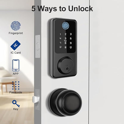 Smart Door Lock with Door Knobs, Fingerprint Door Lock with Handle, Black Smart Lock Round Handles for Home, Apartment