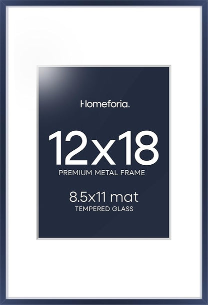 Homeforia 12x18 Picture Frame Navy Blue, High End Metal 12x18 Poster Frames with Mat 8.5x11 in Photo, 12 x 18 Navy Blue Frame Matted to 8.5 by 11 Print, 18x12 Frame, Tempered Glass, Wall Kit, Set of 1