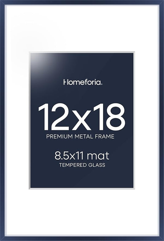 Homeforia 12x18 Picture Frame Navy Blue, High End Metal 12x18 Poster Frames with Mat 8.5x11 in Photo, 12 x 18 Navy Blue Frame Matted to 8.5 by 11 Print, 18x12 Frame, Tempered Glass, Wall Kit, Set of 1