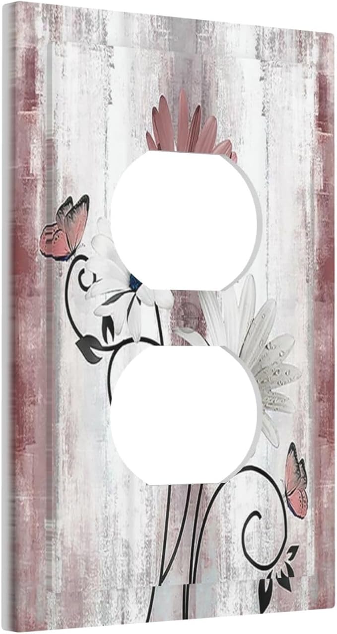 Outlet Covers Pink White Daisy Butterfly Wood Grain 1 Gang Duplex Wall Plate Decorative Switch Plates Electrical Receptacle Faceplate Light Switch Cover for Farmhouse Bathroom Decor