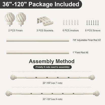 White Curtain Rods for Windows 66 to 120 Inch 7/8" Diamete Heavy Duty Adjustable Long Window Curtain Rod with Decorative Finials for Farmhouse Bedroom Living Room Kitchen Outdoor