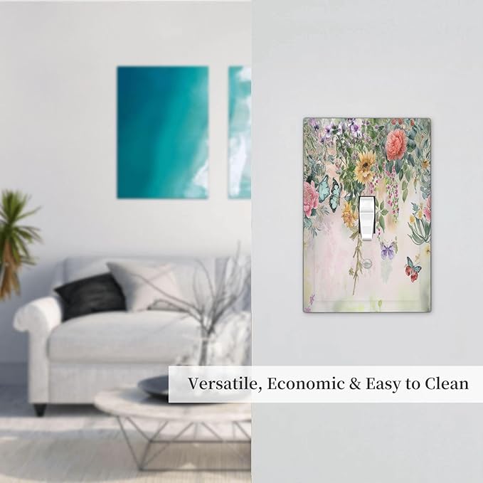Rustic Floral Watercolor Flower Blossom Butterfly Single Toggle Light Switch Cover plate Outlet Cover Decorative Switchplate Wall Plates Electrical Panel Cover for Bathroom Living Room 5 X 3 IN