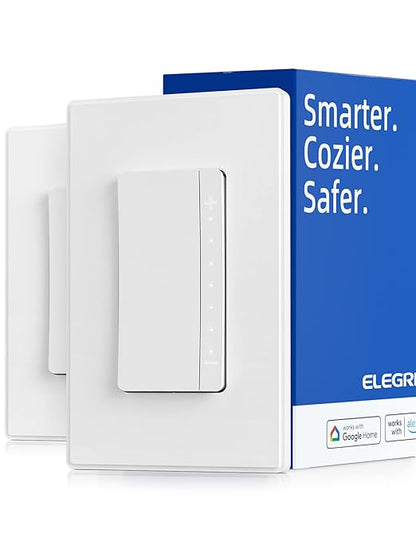 ELEGRP Single Pole Smart Dimmer Light Switch DPR10, 2.4GHz Wi-Fi Dimmer Switch Compatible with Alexa and Google Assistant, Needs Neutral Wire, No Hub Required, UL and FCC Listed, White, 2 Pack