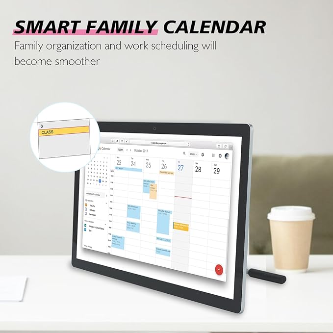27 inches Touchscreen Digital Calendar & Wall Planners, Smart Whiteboard Calendar for Chore Chart & Work Schedule, Built in Speakers and Camera, Include Wall Mount & Desk Stand