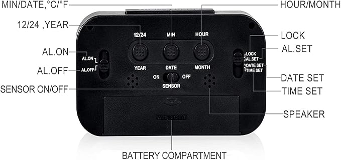 Digital Alarm Clock with LCD Display, Desk Smart Electronic Small Clock with Indoor Temperature, Date, Light Sensor, Backlight, Battery Operated, for Home Bedroom Kids Office (Black)