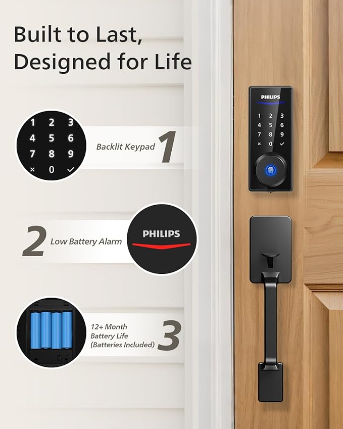 Philips Keyless Entry Keypad Door Lock with Handle, Front Door Deadbolt Set with WiFi Gateway, Wi-Fi Smart Lock with Handle, Fingerprint Unlock, PIN Code, Frosted Black