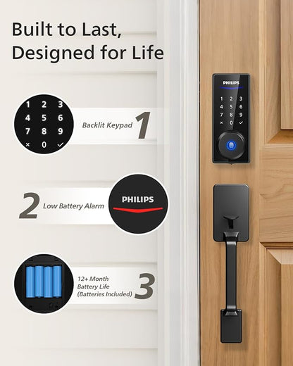 Philips Keyless Entry Keypad Door Lock with Handle, Front Door Deadbolt Set with WiFi Gateway, Wi-Fi Smart Lock with Handle, Fingerprint Unlock, PIN Code, Frosted Black
