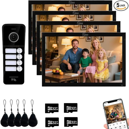 ANJIELO SMART Wired Video Doorbell Apartment Intercom System,4 Family Units 10 Inch Touch Monitor,3 in 1 Unlocking,Dual Way Intercom Motion Detection Tuya for Villa Home (1 Doorbell(b)+ 4 Monitor(b))