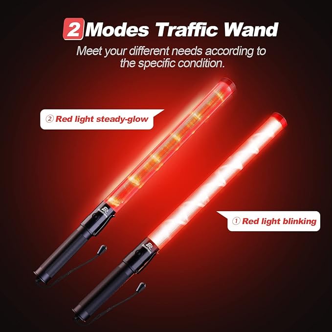 RoadHero 8 Pack Traffic Wand, 21 Inch Led Traffic Control Baton, Safety Light Wands with 2 Flashing Modes, Air Marshaling Signal Wand with Side Clip for Airport, Parking, Car Directing