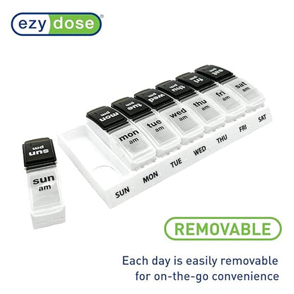 EZY DOSE Weekly (7-Day) Daily AM/PM Pill Case, Medicine Planner, Vitamin Organizer, Supplement Container, Large Pop-Out Compartments, Designed for Travel 2 Times a Day, Black and White Lids