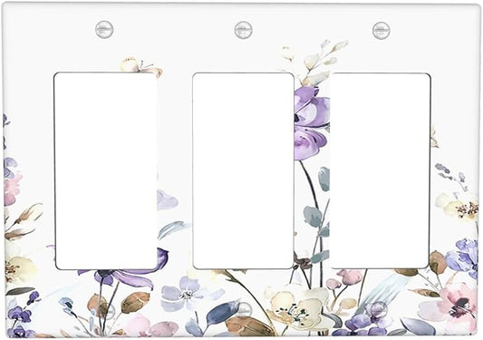 Light Switch Covers Purple Floral Lilac Watercolor Flower Leaves Butterfly Wildflower 3 Gang Rocker Electrical GFCI Decorative Triple Outlet Wall Plate Cover Switchplate for Bedroom Home