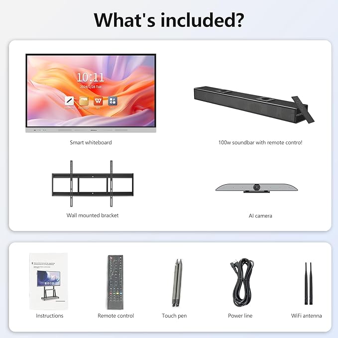 55 Inch Smart Board, 4K UHD Interactive Whiteboard with Auto Framing 4K AI-Camera and 100W Soundbar, All in One Digital Whiteboard for Classroom and Business- Android 14(8+128GB)