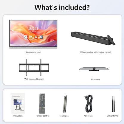 55 Inch Smart Board, 4K UHD Interactive Whiteboard with Auto Framing 4K AI-Camera and 100W Soundbar, All in One Digital Whiteboard for Classroom and Business- Android 14(8+128GB)