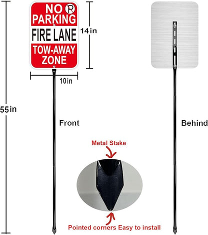 No Parking Fire Lane Sign, with 54 Inch Black Metal Stakes, 10 x 14 Inches Reflective Sheeting Rust Free Aluminum, 2 Pack, Indoor/Outdoor Use