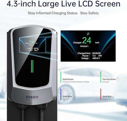 QIAO Level 2 EV Charger Hardwired, Home Charging Station UP to 48A, 240V with Smart APP & Scheduled Charging, J1772 Compatible for All EVs/PHEVs, 25ft Cable, 4.3in Display, IP65 Waterproof