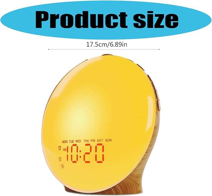 Full Screen Wood Grains Wake Up Lamp with Soft LED Lighting and Color Sunrises Simulation Digital Alarm Clock