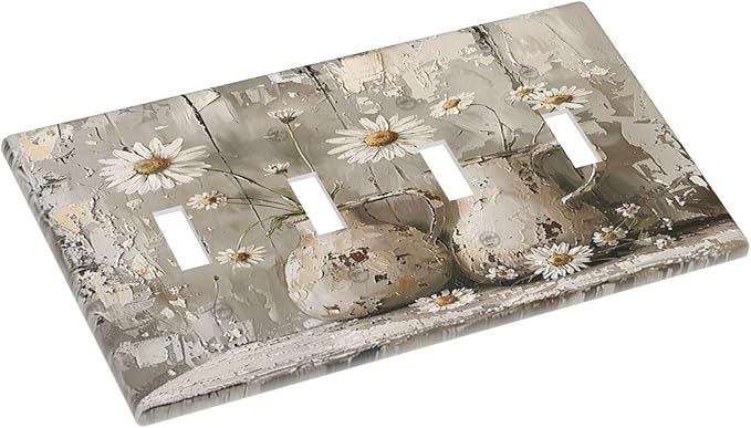 Light Switch Covers Vintage Rustic Floral White Daisy Flower Oil Painting Style Quad Toggle Electrical Faceplate 4 Gang Wall Plate Decorative Switch Plates for Home Farmhouse Decor