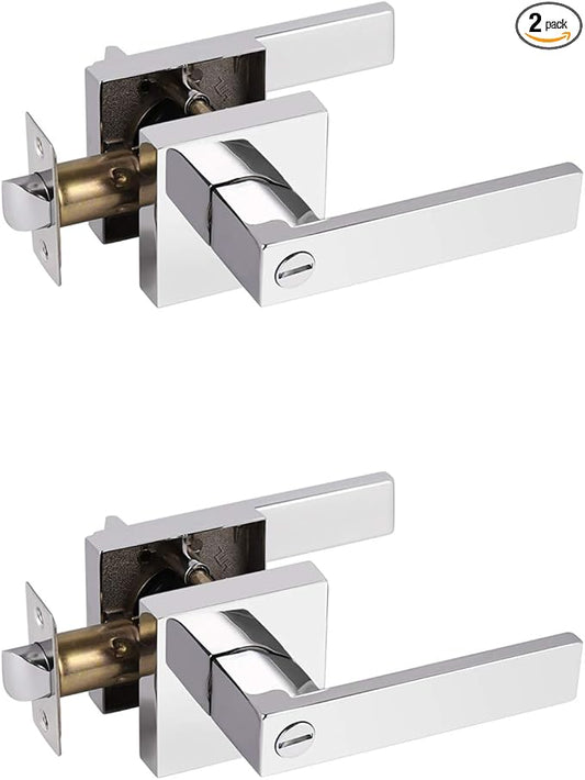 Probrico 2 Pack Privacy Lever Door Handles Square Locking Leverset [for Bedroom or Bathroom] Reversible for Right & Left Sided Doors Heavy Duty - Polished Chrome