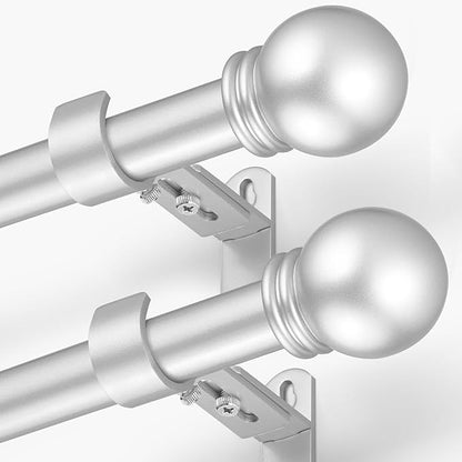 Curtain Rods for Windows 16 to 136 Inches, Curtain Rod Max Adjustable Length of 144 IN, 1" Diameter Drapery Rods Round Finials, Satin Silver, Pack of 2