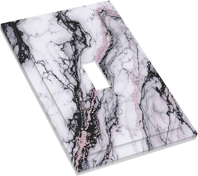 Decorative Light Switch Cover White Marble Pattern Black Lines Pink Lines 1 Gang Single Toggle Device Electrical Faceplate Switchplates Decorator Outlet Wall Plate for living Room